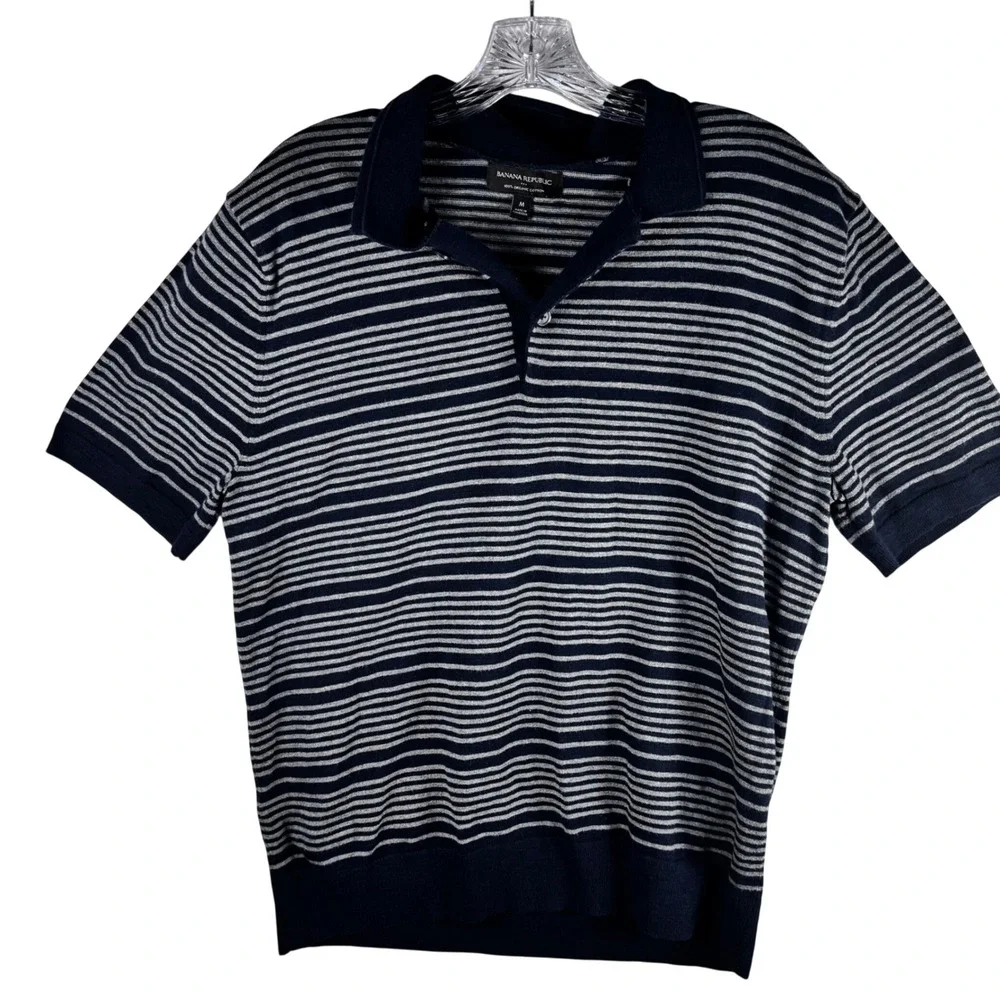 Banana Republic Mens Organic Cotton Knit Polo Shirt Navy Blue Grey‎ Striped M